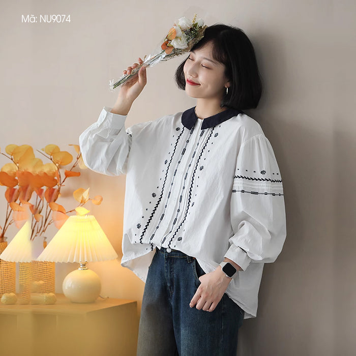 Áo sơ mi dài tay cổ tròn bẻ thêu hoa lá đối xứng - NU9074