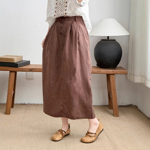 Chân váy linen lưng thun hai túi sau khuy cài - V073