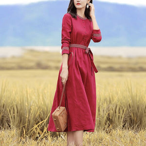 Đầm liền linen dài tay cổ tròn viền in hoa retro - NU9376