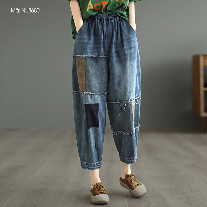 Quần baggy denim lưng ống côn chắp vá đối xứng - NU8680
