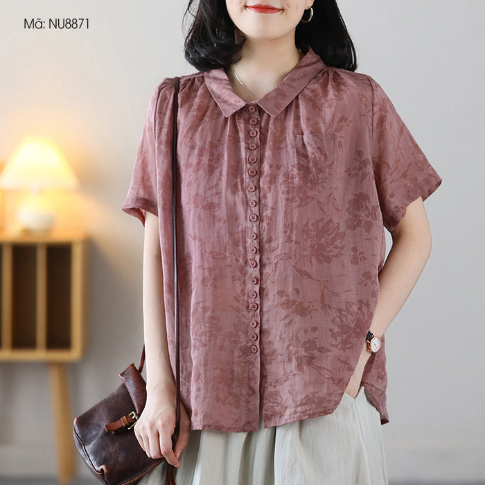 Áo sơ mi linen ngắn tay cổ pipi in hoa lá một túi nhỏ - NU8871