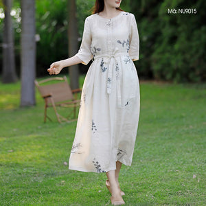 Đầm liền linen ngắn tay cổ tròn khuy cài in lá đơn sắc - NU9015