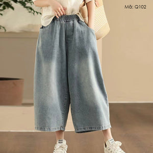Quần baggy denim lửng lưng thun túi sau vuông - Q102