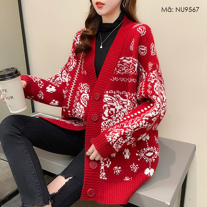 Áo khoác len dài tay cổ V hoa văn trừu tượng khuy lớn - NU9567