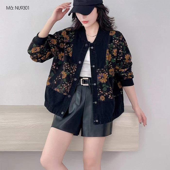 Áo khoác denim dài tay in hoa lá khuy bấm - NU9301