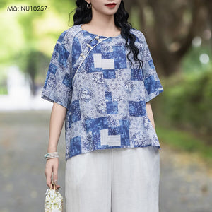 Áo sơ mi linen ngắn tay hoa văn retro khuy tròn cài lệch - NU10257