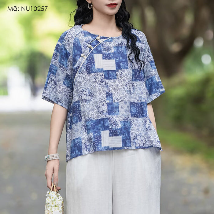 Áo sơ mi linen ngắn tay hoa văn retro khuy tròn cài lệch - NU10257
