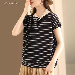 Áo T-shirt dệt kim sát nách cổ pipi kẻ sọc - NU10235