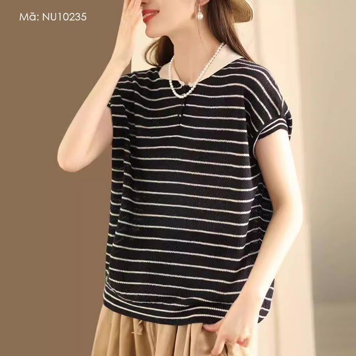 Áo T-shirt dệt kim sát nách cổ pipi kẻ sọc - NU10235
