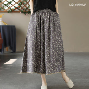 Chân váy linen lưng thun in hoa liti vạt đính ren - NU10127