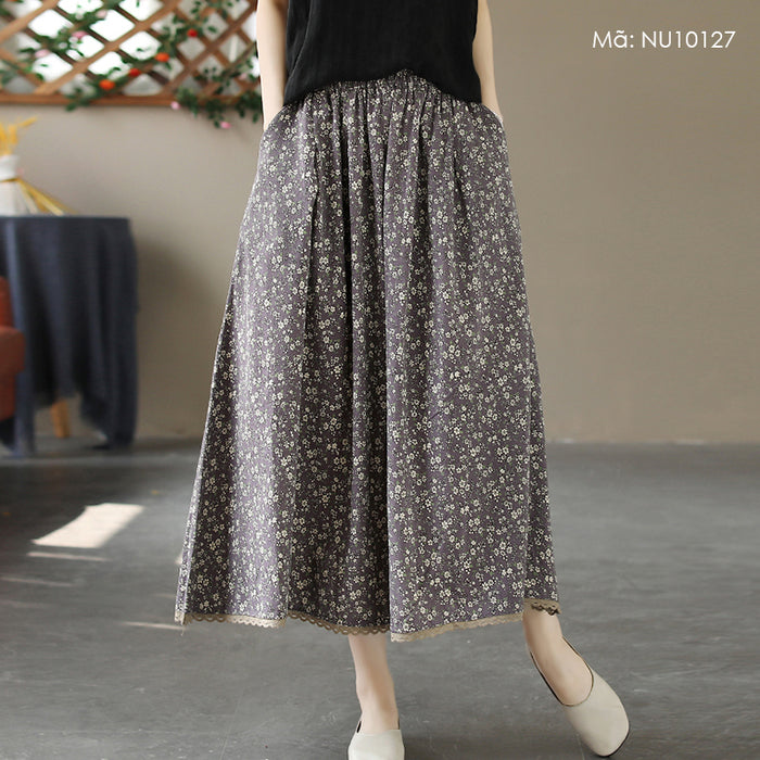 Chân váy linen lưng thun in hoa liti vạt đính ren - NU10127