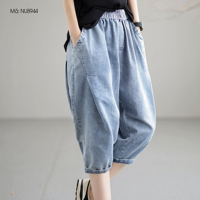 Quần baggy denim lửng lưng thun hai túi chéo may nếp - NU8944