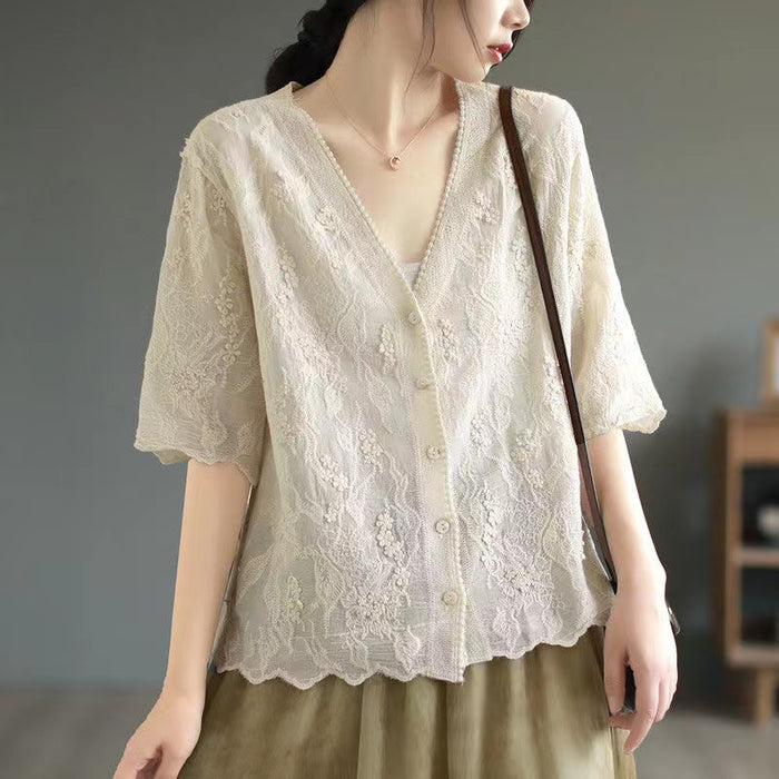 Áo khoác cardigan retro ngắn tay cổ V thêu hoa văn - NU8870