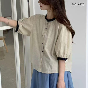 Áo sơ mi ngắn tay kiểu bồng cổ tròn bo viền - A923
