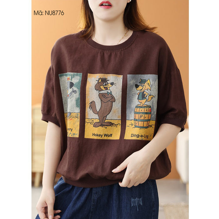 Áo T-shirt linen ngắn tay cổ tròn in hoạt hình - NU8776
