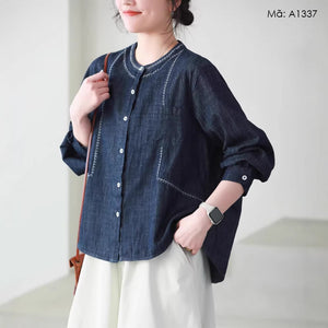 Áo sơ mi denim dài tay thêu retro - A1337