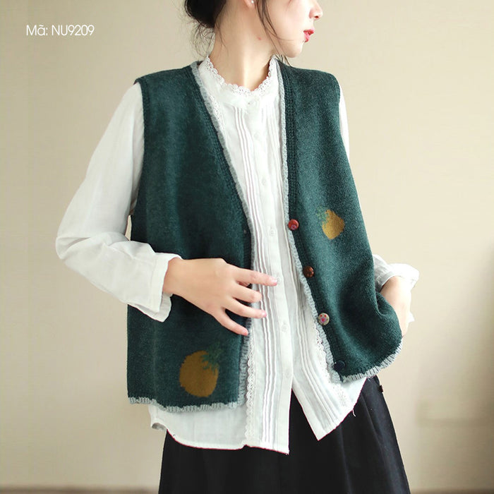 Áo khoác len gile sát nách cổ V in quả hồng - NU9209