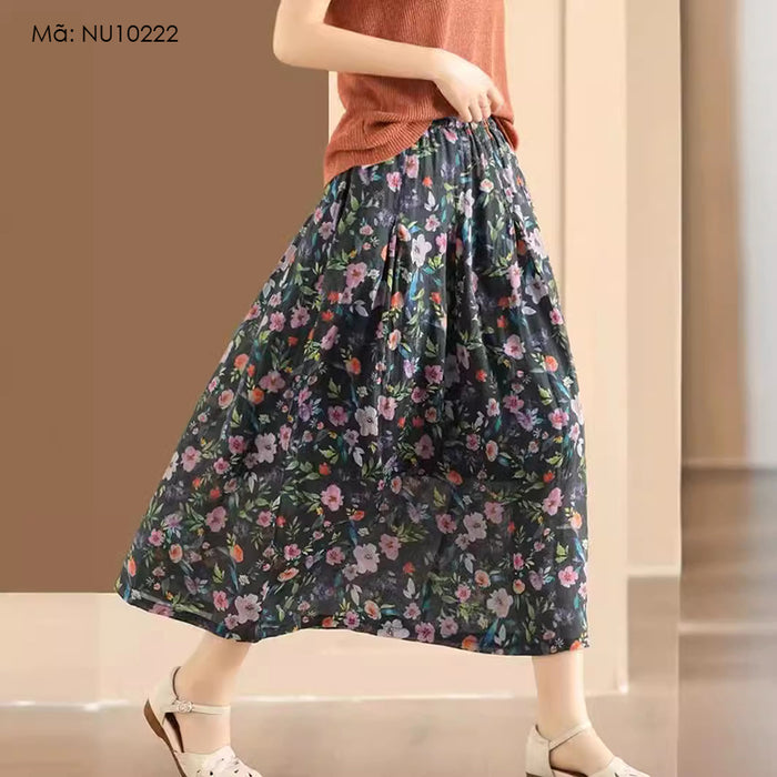 Chân váy linen lưng thun in hoa lá kiểu hai lớp - NU10222