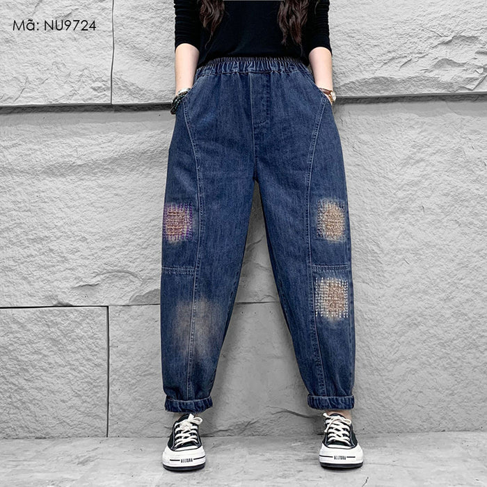 Quần baggy denim lưng thun ống côn mài sờn thêu ziczac - NU9724
