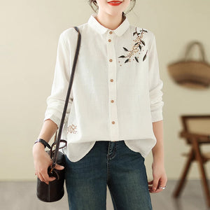 Áo sơ mi linen dài tay cổ pipi thêu nhành hoa - NU9249