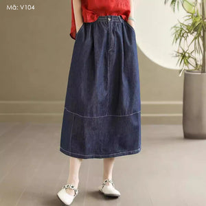 Chân váy denim lưng thun kiểu xẻ tà sau - V104