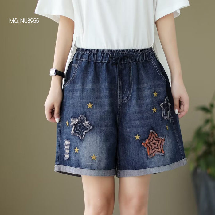 Quần sooc denim lưng thun thêu những ngôi sao - NU8955