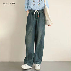 Quần baggy denim lưng thun dây rút ống đứng túi sau kiểu - NU9965