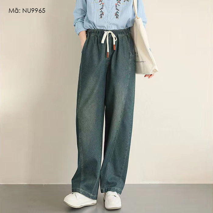Quần baggy denim lưng thun dây rút ống đứng túi sau kiểu - NU9965