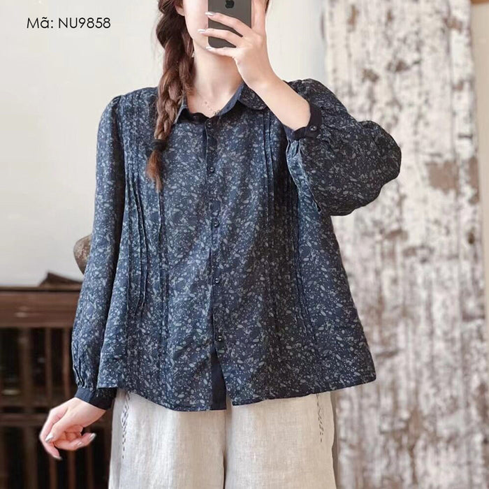 Áo sơ mi linen dài tay cổ đức in hoa lá liti kiểu xếp ly - NU9858