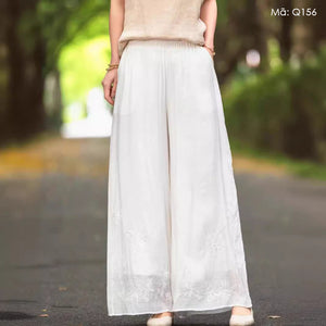 Quần baggy linen lưng thun ống rộng thêu hoa lá retro - Q156