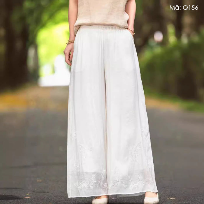 Quần baggy linen lưng thun ống rộng thêu hoa lá retro - Q156