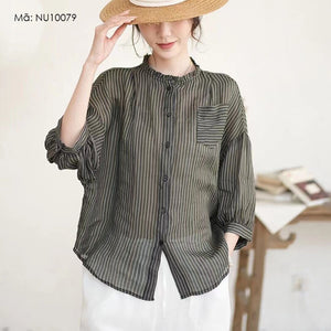Áo sơ mi linen ngắn tay cổ đứng kẻ sọc - NU10079