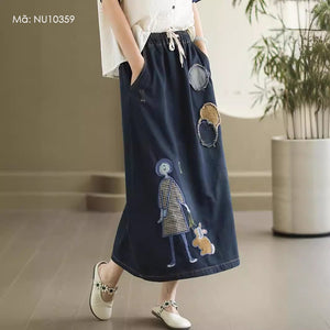 Chân váy denim lưng thun thêu cô gái và chú thỏ - NU10359