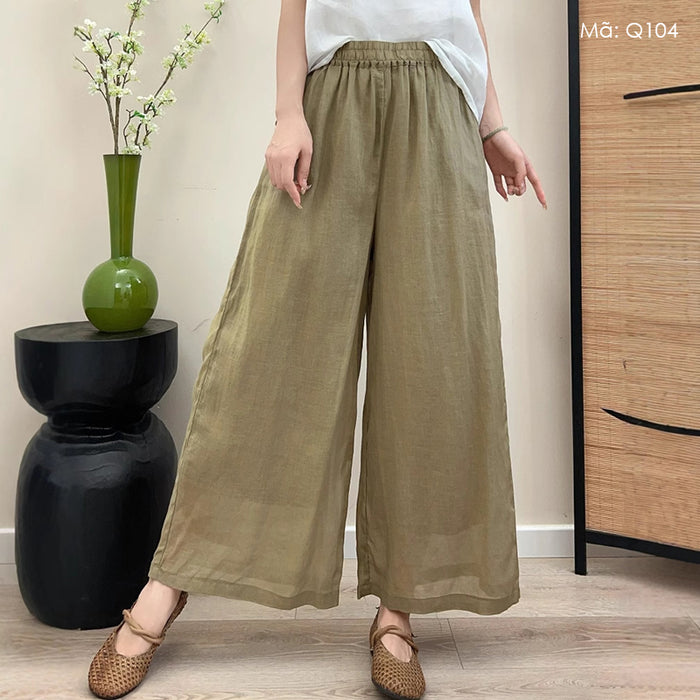 Quần baggy linen lưng thun ống rộng một màu - Q104