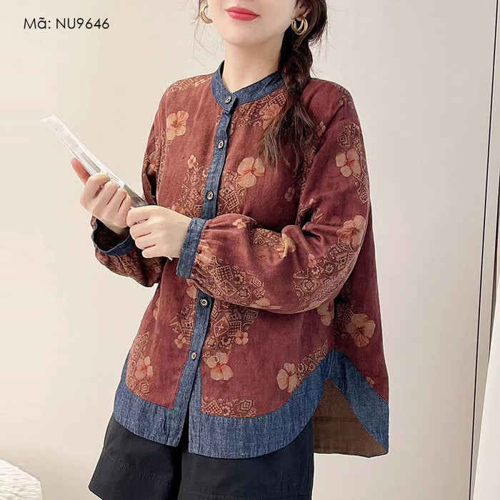 Áo sơ mi dài tay cổ đứng in hoa lá retro phối denim - NU9646