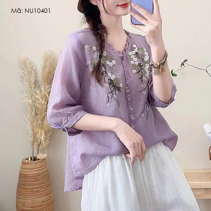 Áo sơ mi linen ngắn tay cổ V thêu hoa lá trước ngực - A006