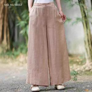 Quần baggy linen lưng thun ống rộng hai khuy nhỏ - NU10053
