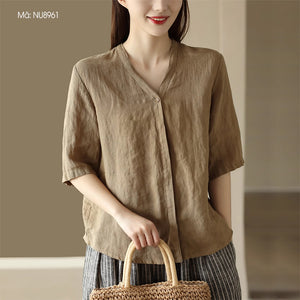 Áo sơ mi linen đơn sắc ngắn tay cổ V kiểu giấu khuy - NU8961