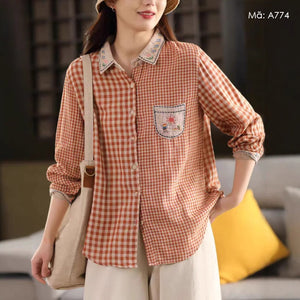 Áo sơ mi dài tay cổ đức thêu hoạt hình kẻ caro - A774
