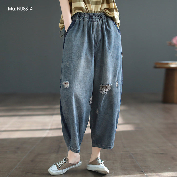 Quần baggy denim lưng thun hai túi chéo kiểu rách - NU8814