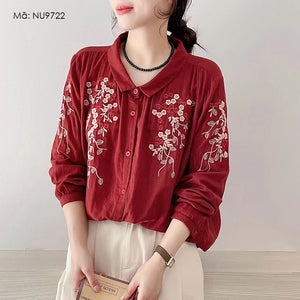 Áo sơ mi linen dài tay cổ pipi thêu hoa đối xứng - NU9723
