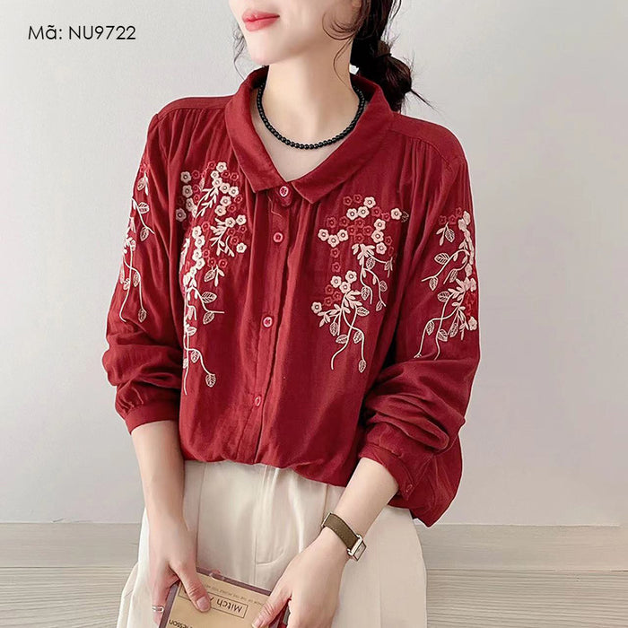 Áo sơ mi linen dài tay cổ pipi thêu hoa đối xứng - NU9723