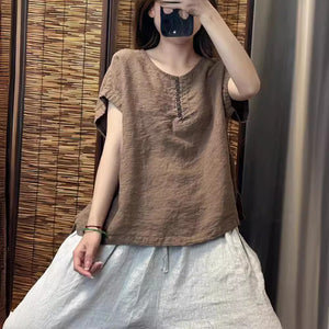 Áo T-shirt linen sát nách cổ tròn vạt xẻ - NU10303