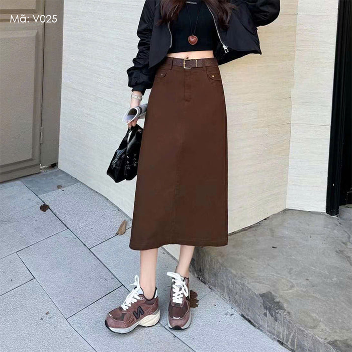 Chân váy retro hai túi kiểu nắp kèm thắt lưng - V025