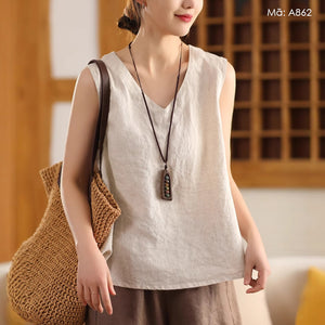 Áo t-shirt linen sát nách cổ V đơn sắc - A862