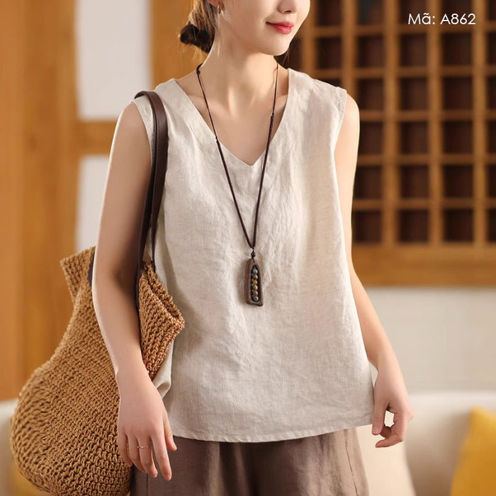 Áo t-shirt linen sát nách cổ V đơn sắc - A862