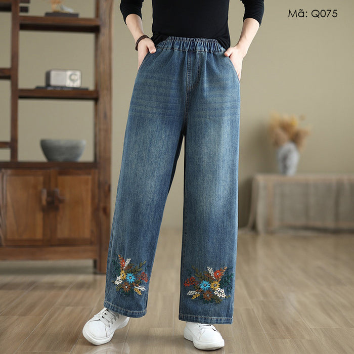 Quần baggy denim lưng thun ống đứng thêu hoa lá - Q075