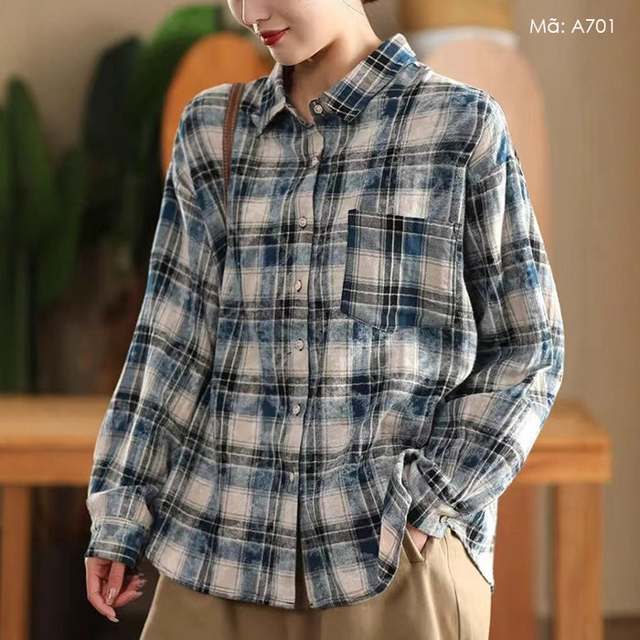 Áo sơ mi linen dài tay cổ đức kẻ caro màu loang một túi - A701