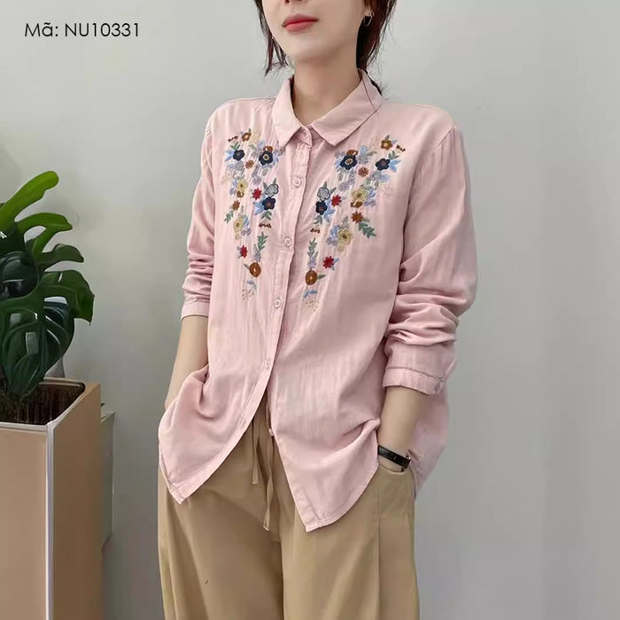 Áo sơ mi linen dài tay cổ đức thêu hoa trước ngực - NU10331
