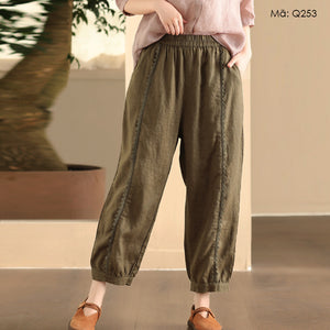 Quần baggy linen lửng thêu ren ống bo - Q253